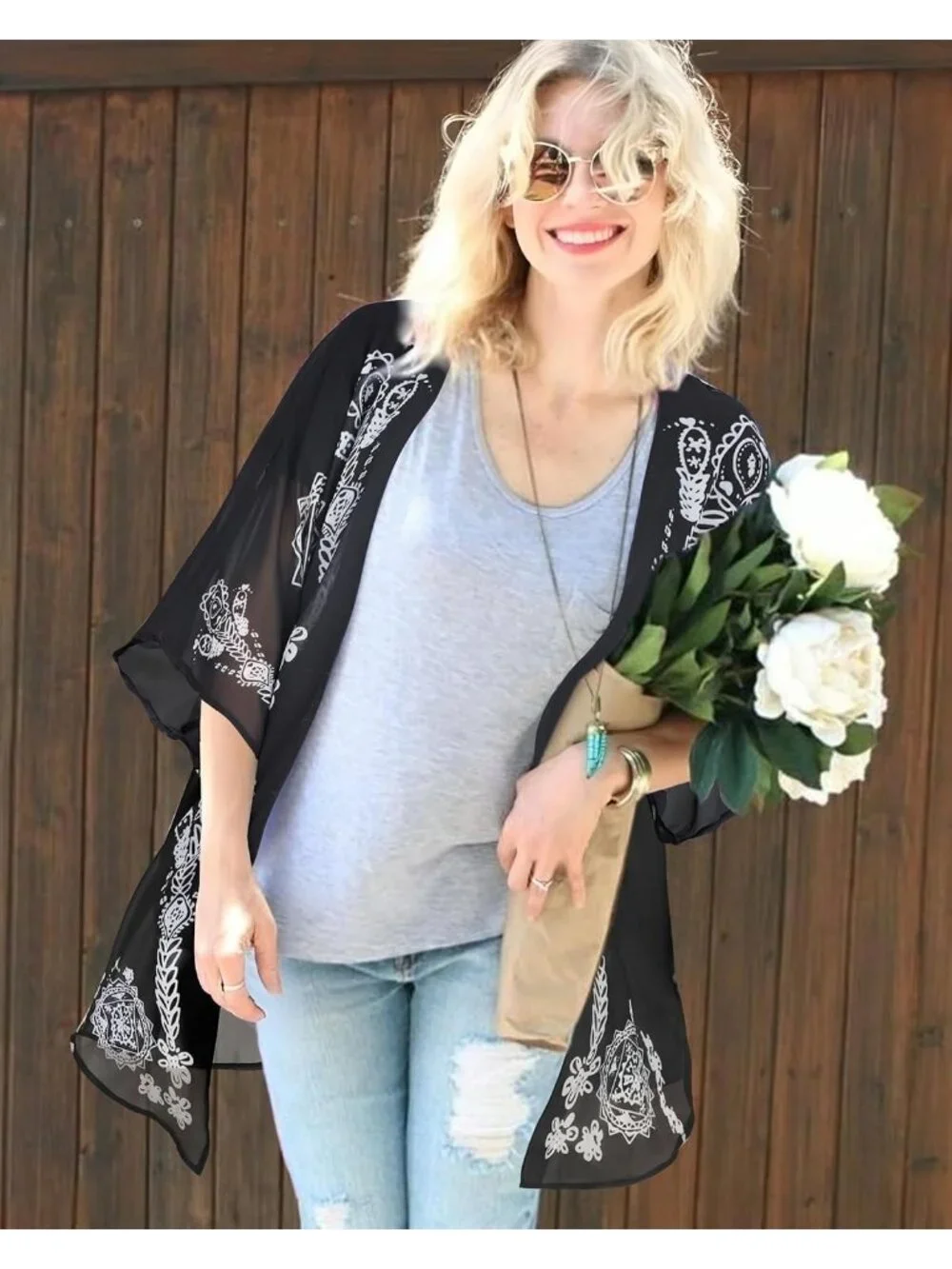 Women Black Polyester Kimono Cardigan Beach Swimwear Top Cover Up Puff Sleeve